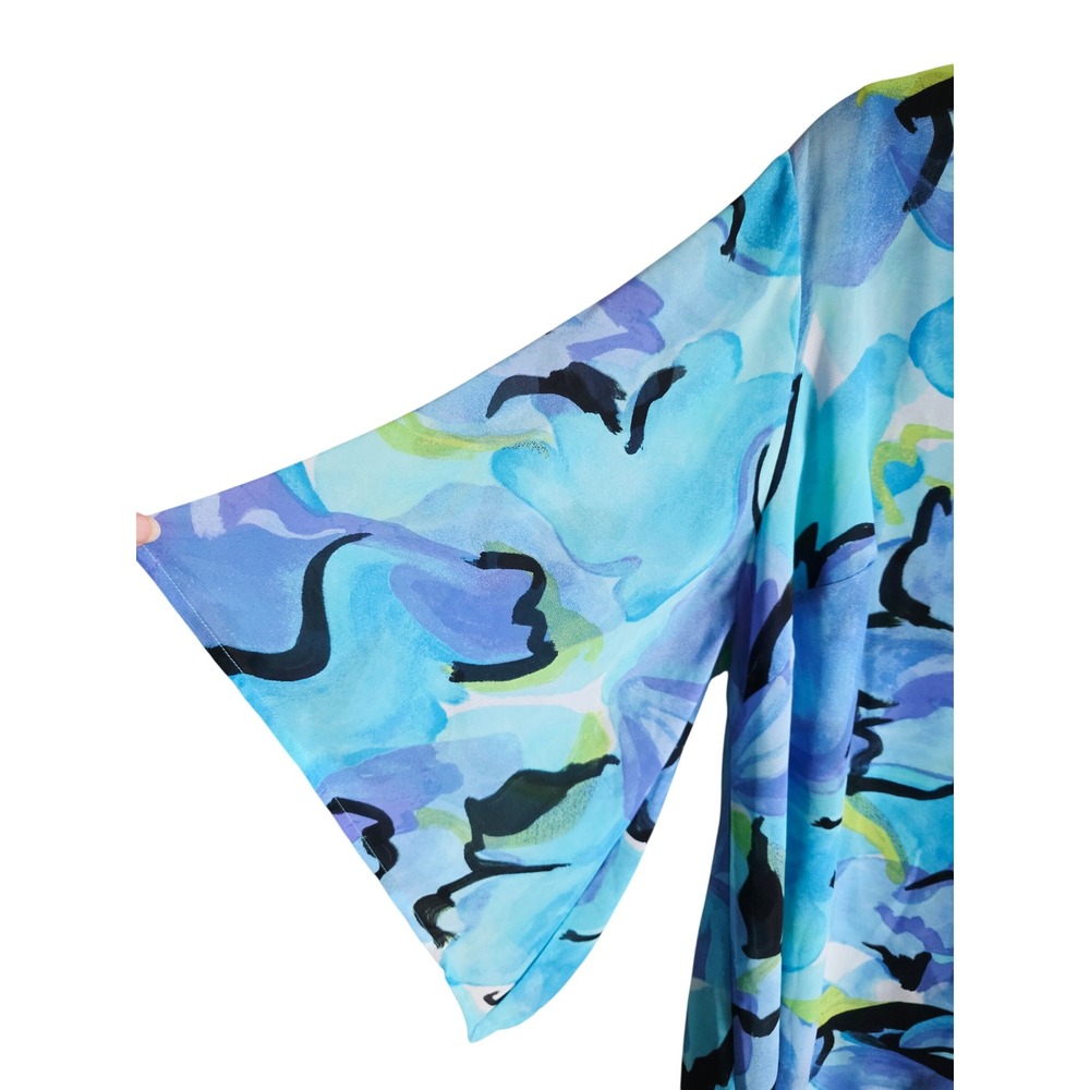 Belle Kim Gravel 1X Blue Watercolor Floral Chiffon V-Neck Dolman Sleeve Blouse - Picture 9 of 9